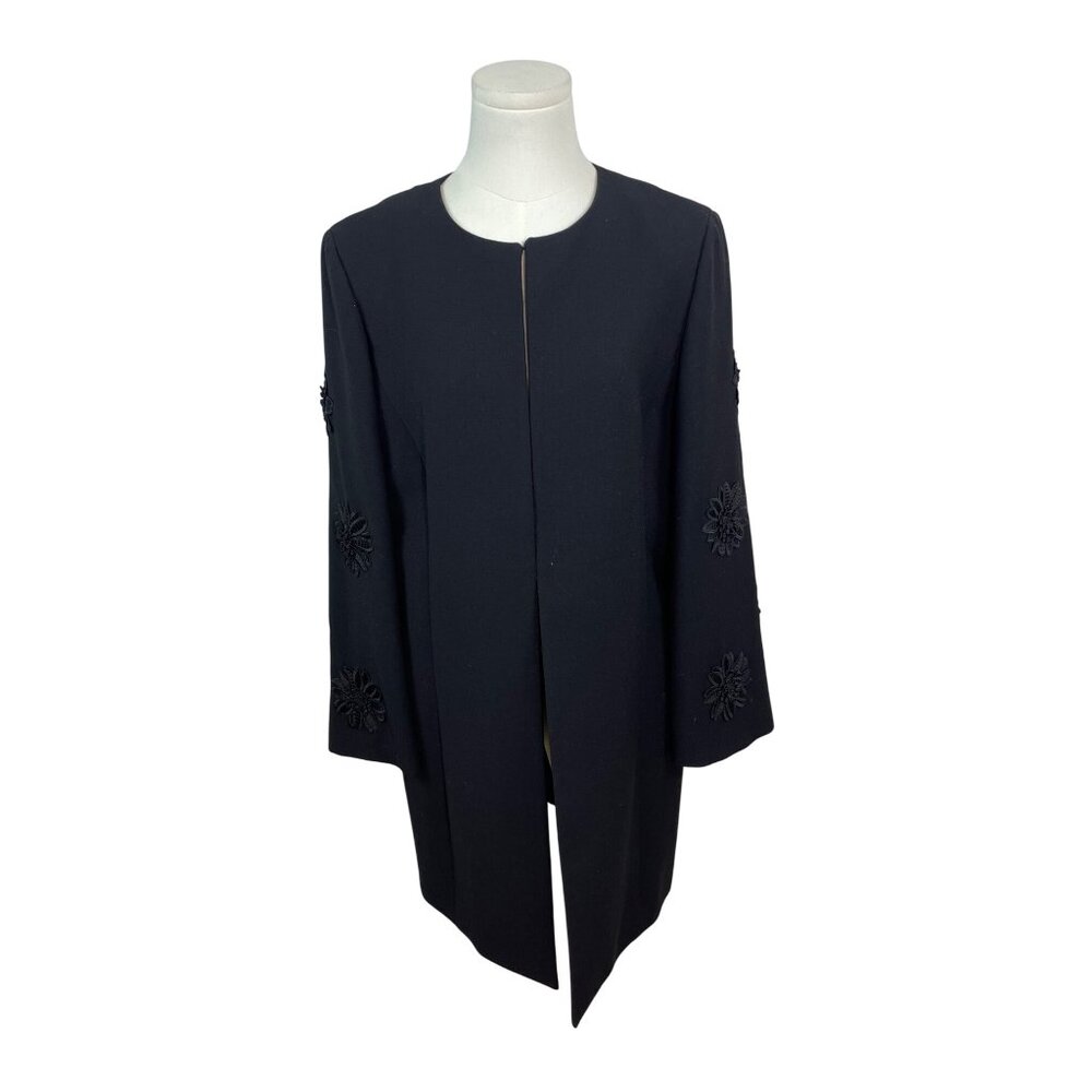 Tahari Arthur S. Levine Black Embroidered 3/4 Sleeve Open Front Womens Coat Size